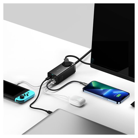 Мережевий зарядний пристрій Baseus GaN3 Pro Desktop, 65 Вт, Quick Charge, чорний, з розеткою, з кабелем USB тип-C до USB тип-C, 4 порта, 1,5 м, #PSZM000901 Прев'ю 2